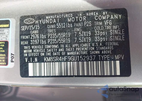 2016 Hyundai Santa Fe Limited from USA, damaged, VIN KM8SR4HF9GU152937
